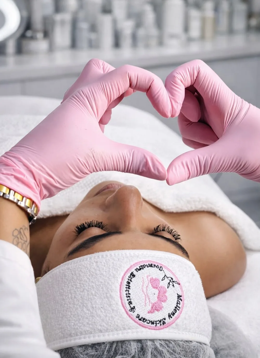 Maileny haciendo un corazón con guantes rosados sobre una clienta con la cinta bordada de Maileny Skincare